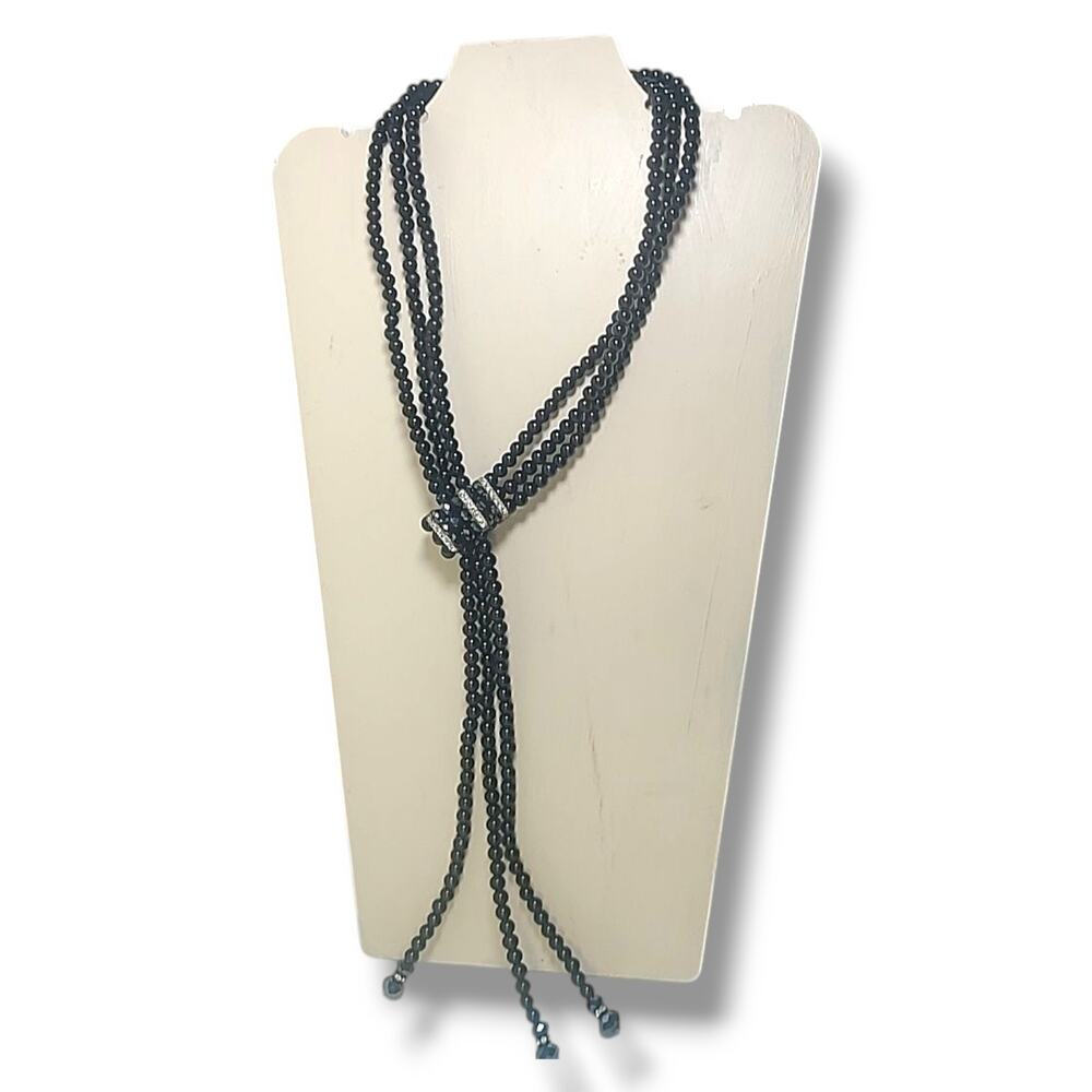 Black Bead Triple Strand Lariat Necklace White Rhinestone Accents 26" - Picture 5 of 6